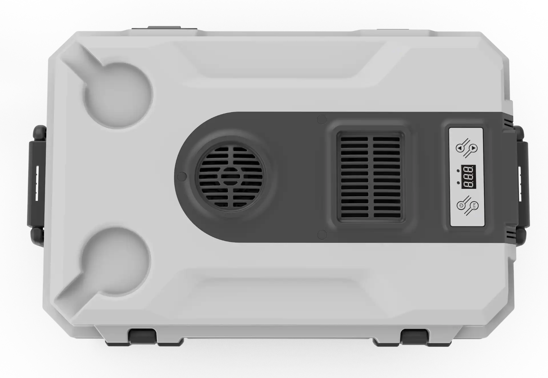 Top view of a portable car fridge with dual cup holders, a vented cooling system, and digital controls, ideal for travel.