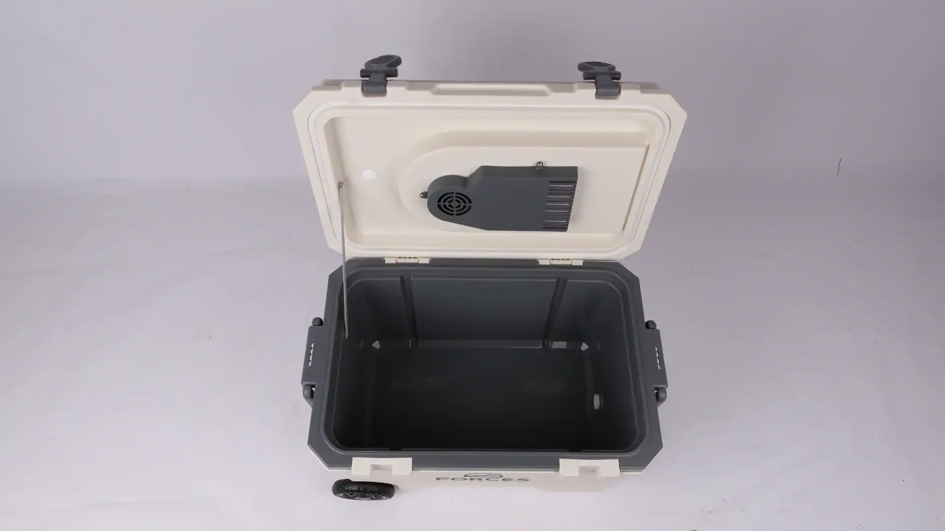 An open portable car fridge with a visible interior, featuring a sleek design with a sturdy lid, a cooling fan, and ample storage space.