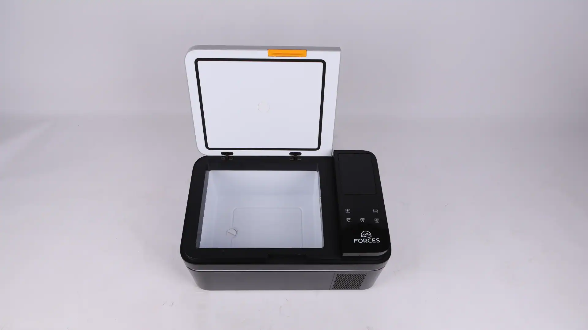 Portable car fridge with open lid showing empty storage compartment and control panel on the side, ideal for travel or camping.