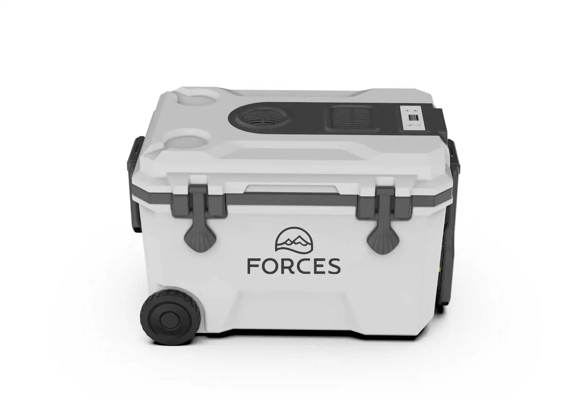 A portable car fridge with wheels, secure latches, and built-in drink holders featuring the brand logo 'Forces'.