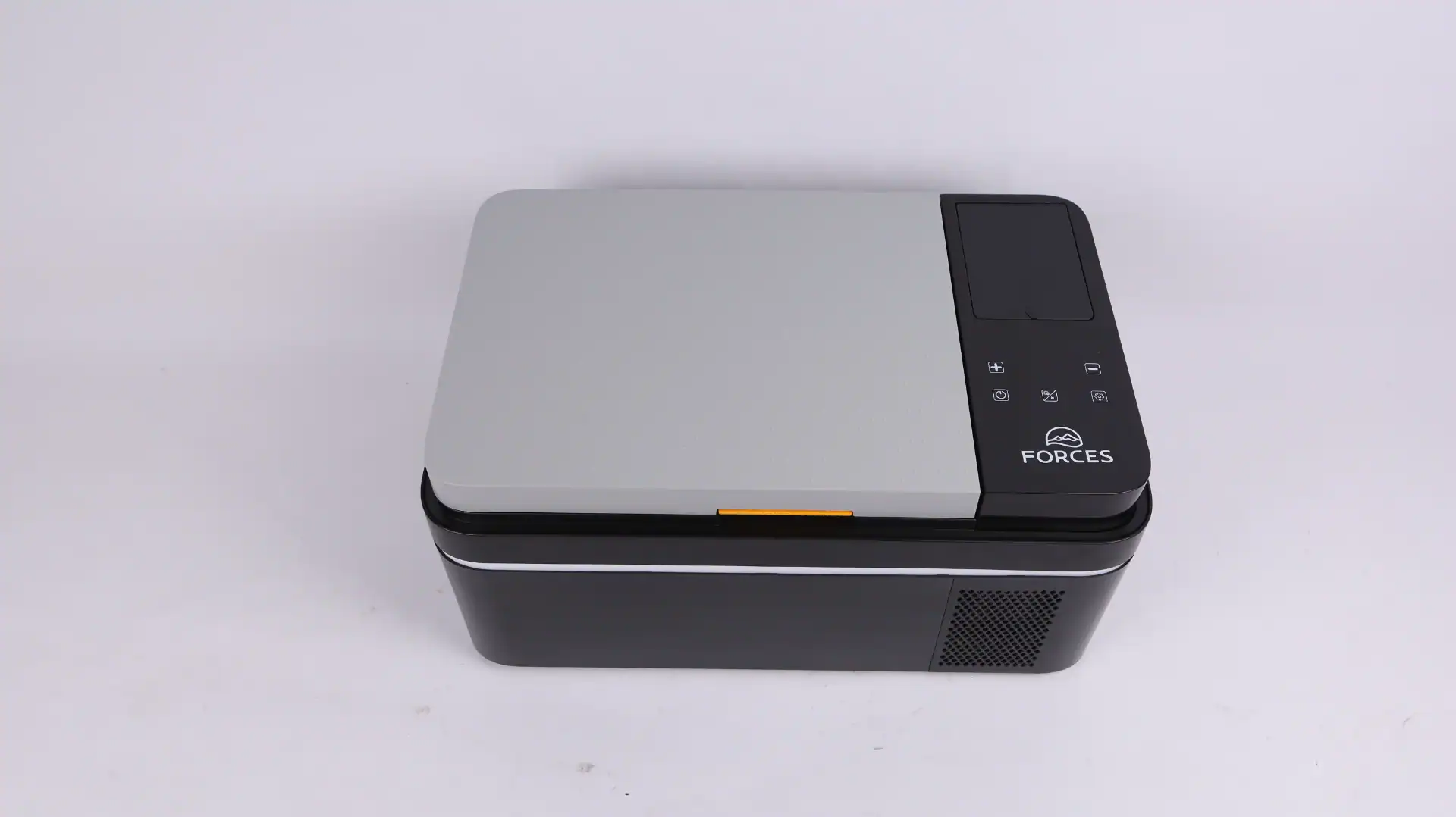 Compact and portable car mini fridge with a gray top and black base, featuring a modern control panel and subtle branding.