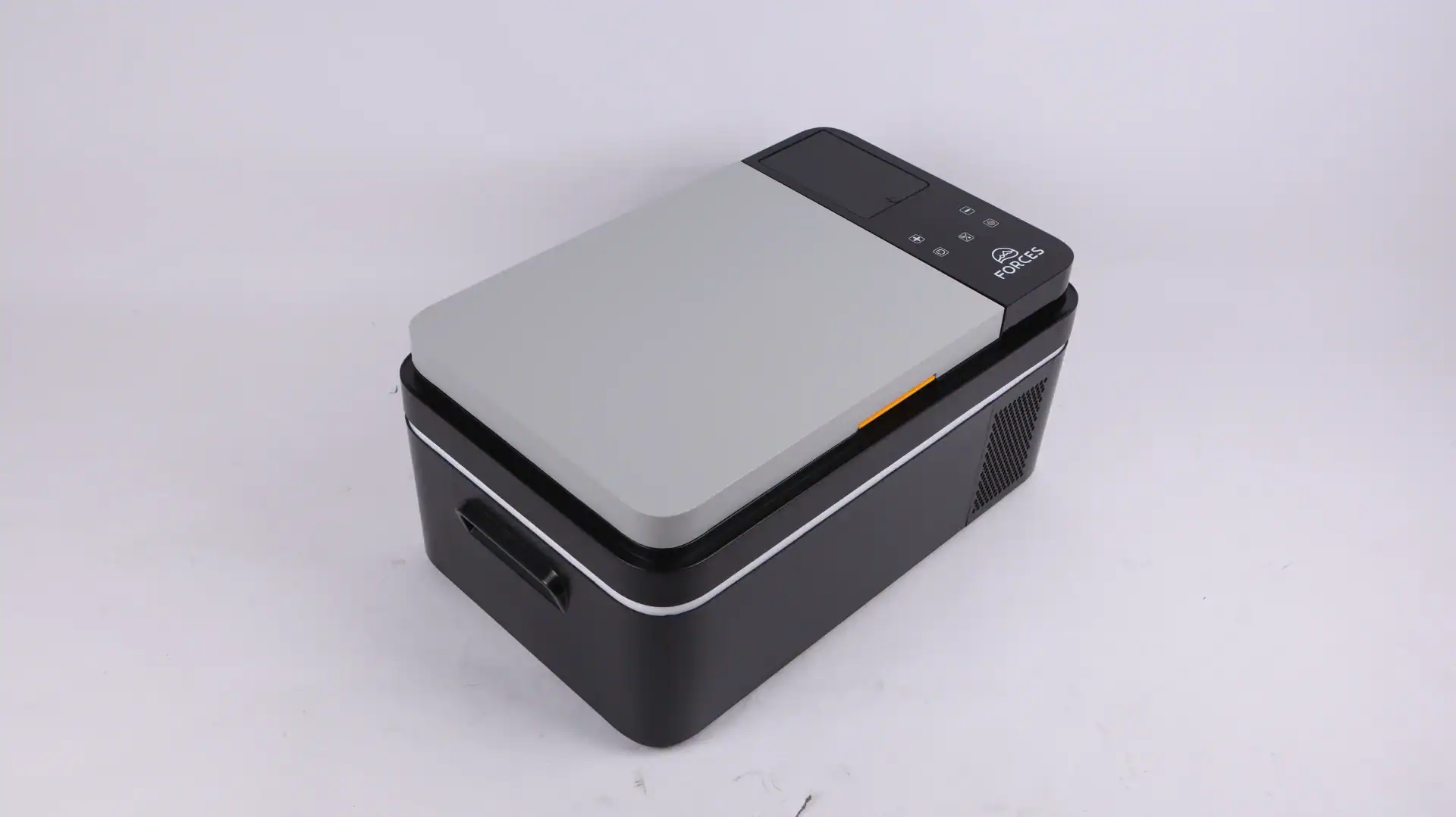 Compact portable car mini fridge with a sleek black and gray design, touch control panel, and convenient handle.