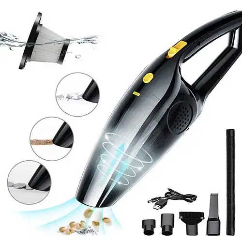 Compact portable car vacuum cleaner with a washable filter, suction illustrations, and multiple attachments, ideal for versatile cleaning.