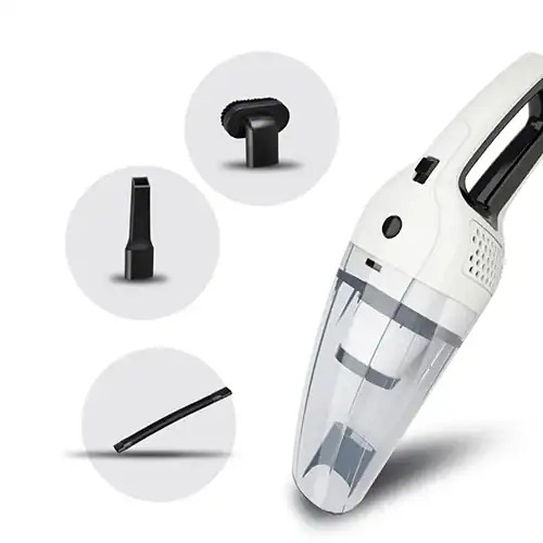 KelyLands car vacuum cleaner with three attachments for cleaning car interiors.