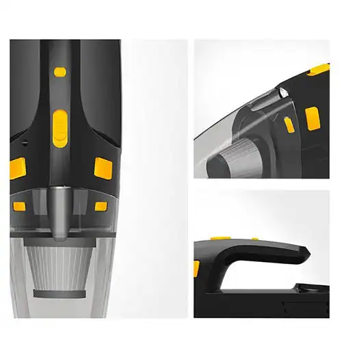 Close-up de um aspirador de pó portátil para carro exibindo design elegante preto e amarelo, detalhes do filtro e cabo ergonômico.