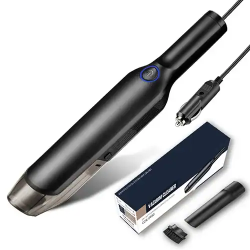 Compact black portable car vacuum cleaner with power cord, removable nozzle attachment, and packaging box displayed on white background.