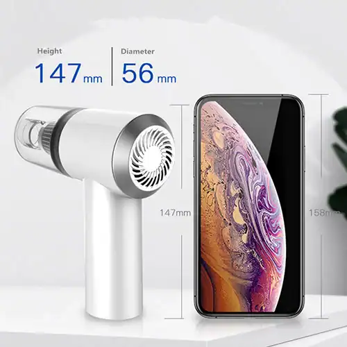 Small portable car vacuum cleaner in white with dimensions labeled as height 147 mm and diameter 56 mm, shown beside a smartphone for size comparison.
