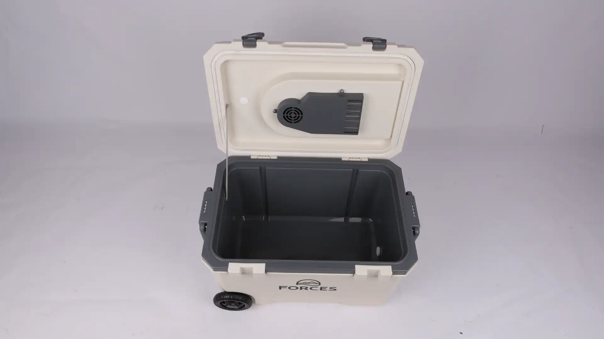 Portable car cooler in white and gray with an open lid, showing its spacious interior and a built-in fan for cooling.