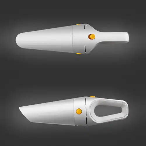 Sleek white and gray portable handheld vacuum cleaner with orange accents, shown from two angles, designed for car or home use.