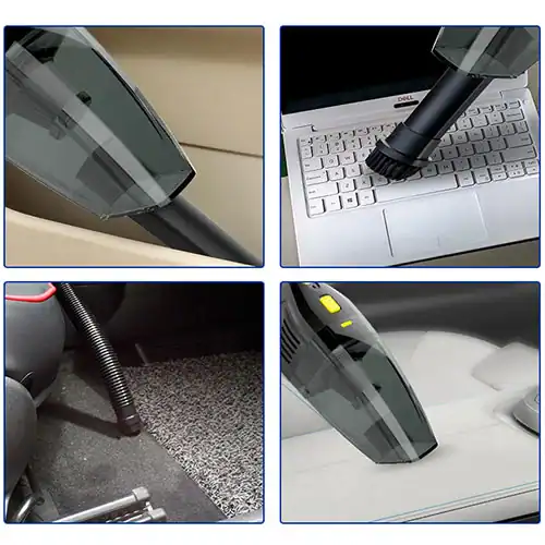 Aspirador de pó portátil compacto usado em interior de carro, teclado de laptop, tapete de carro e superfície de vidro para limpeza eficaz.