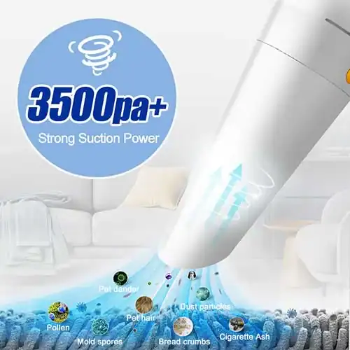 Portable vacuum cleaner displaying 3500Pa strong suction power, effectively cleaning dust, pet dander, pollen, and debris from a carpet in a modern living room.