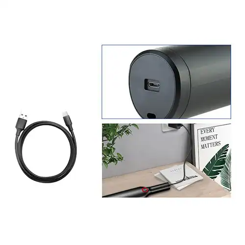 Коллаж с портативным пылесосом, крупным планом его USB-порта для зарядки, USB-кабелем для зарядки и функциональной установкой на столе.