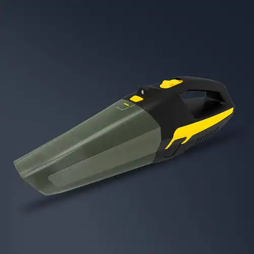Compact black and yellow portable vacuum cleaner with ergonomic handle on a dark background, designed for car cleaning.